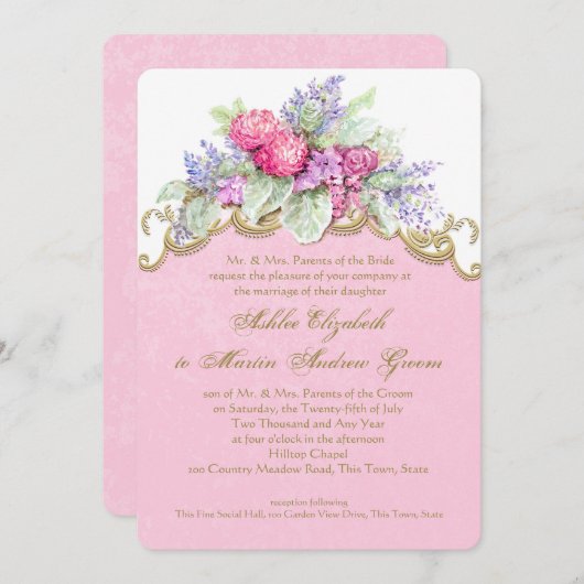 Invitation Bouquet de couleur rose Mariage (Devant / Derrière)