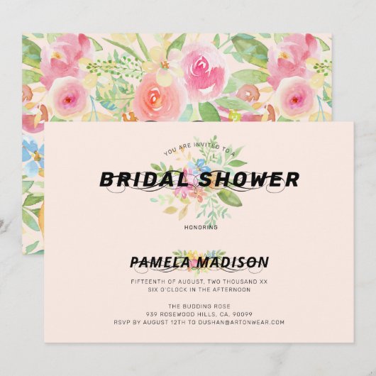 Invitation Bouquet de fleurs aquarelle & typographie moderne (Devant / Derrière)