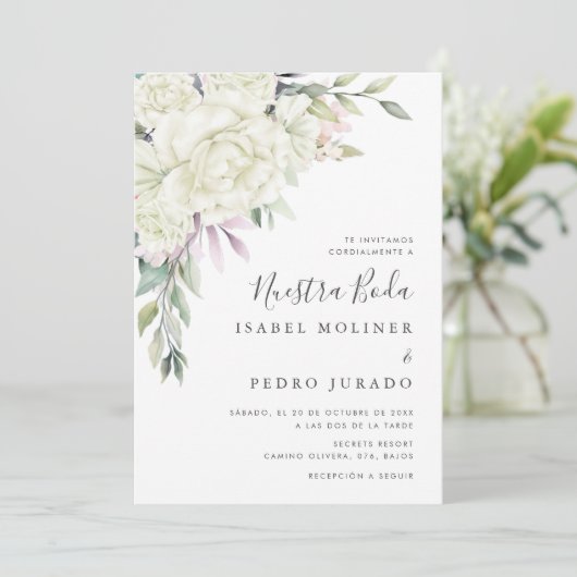 Invitation Bouquet de fleurs blanches Nuestra Boda Mariage es (Debout devant)