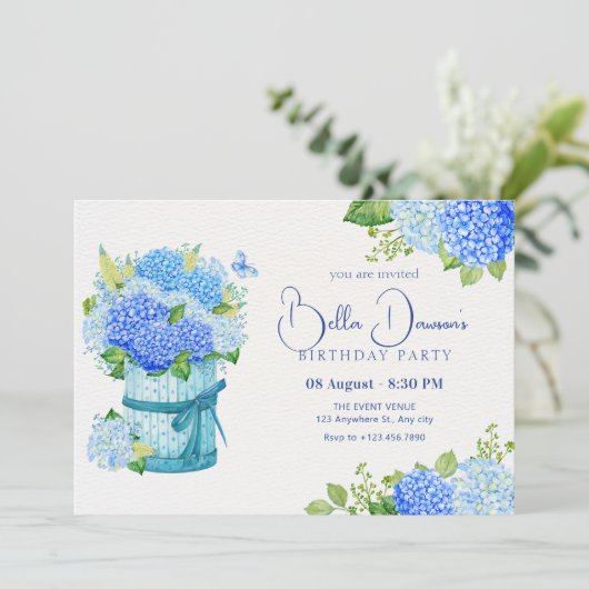 Invitation Bouquet de fleurs bleues (Debout devant)