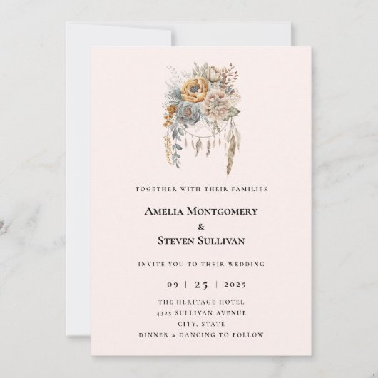 Invitation Bouquet de fleurs boho dans des couleurs neutres d (Devant)