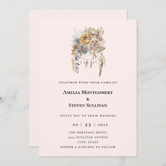 Invitation Bouquet de fleurs Boho en Mariage couleur neutre (Devant / Derrière)