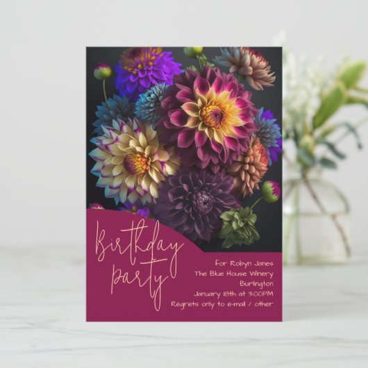Invitation Bouquet de fleurs Dahlia fête d'anniversaire (Debout devant)