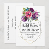 Invitation Bouquet de fleurs d'aquarelle Cadre géométrique or (Devant / Derrière)