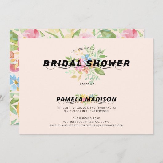 Invitation Bouquet de fleurs d'aquarelle et typographie moder (Devant / Derrière)