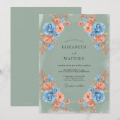 Invitation Bouquet de fleurs de corail bleu Mariage (Devant / Derrière)