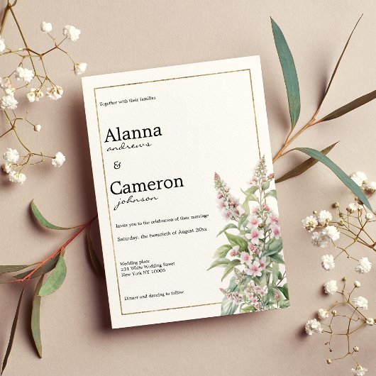 Invitation Bouquet de fleurs de menthe rose botanique mariage