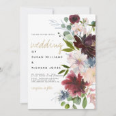 Invitation Bouquet de fleurs d'or rose bordeaux mariage blanc (Devant)