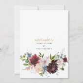 Invitation Bouquet de fleurs d'or rose bordeaux mariage blanc (Dos)