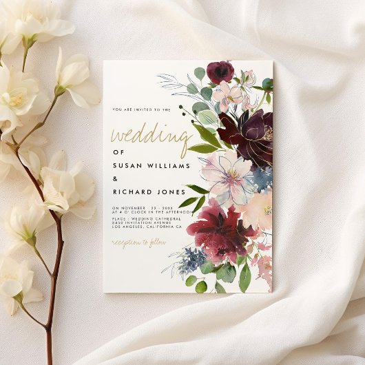 Invitation Bouquet de fleurs d'or rose bordeaux mariage blanc