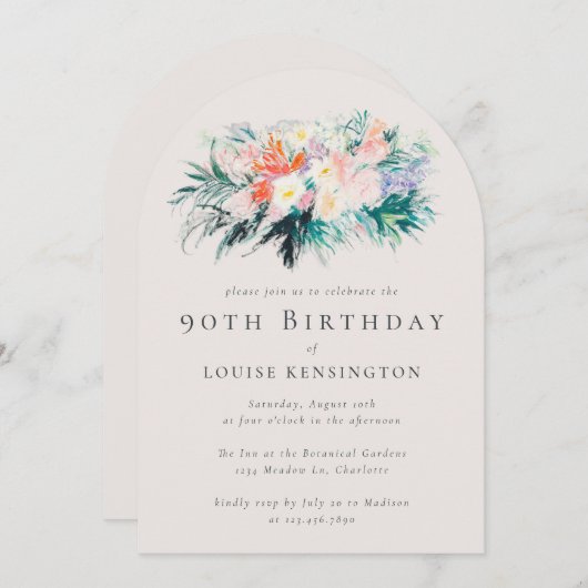 Invitation Bouquet de fleurs élégantes et modernes 90e annive (Devant / Derrière)