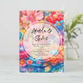 Invitation Bouquet de fleurs en Mariage Boho rose et bleu (Debout devant)