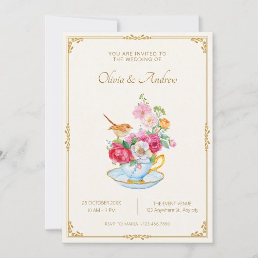 Invitation Bouquet de fleurs esthétique tasse de thé mariage (Devant)