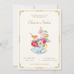 Invitation Bouquet de fleurs esthétique tasse de thé mariage