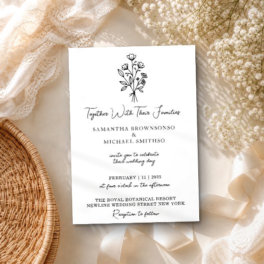 Invitation Bouquet de fleurs noir et blanc Boho Minimal