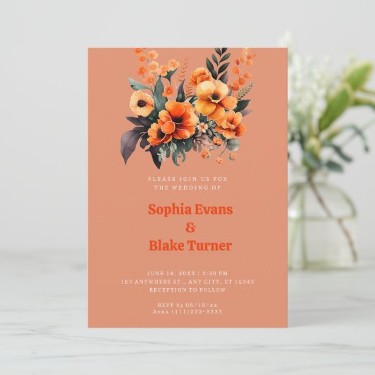 Invitation Bouquet de fleurs orange et vert Mariage orange (Debout devant)