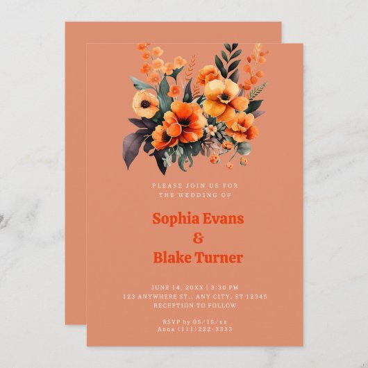 Invitation Bouquet de fleurs orange et vert Mariage orange (Devant / Derrière)