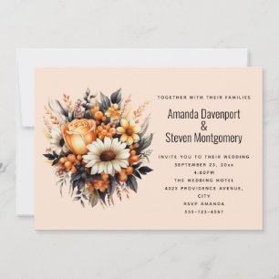 Invitation Bouquet de fleurs orange jaune gris Mariage