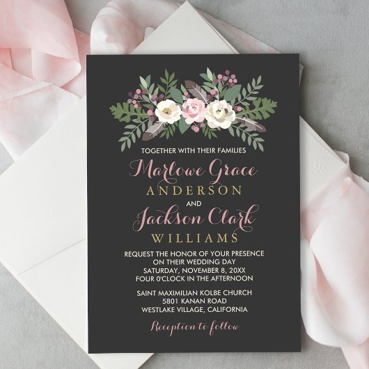Invitation Bouquet de Fleurs Rose Charbon Mariage