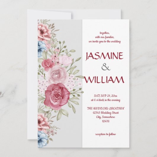 Invitation Bouquet de fleurs rose et bleue (Devant)