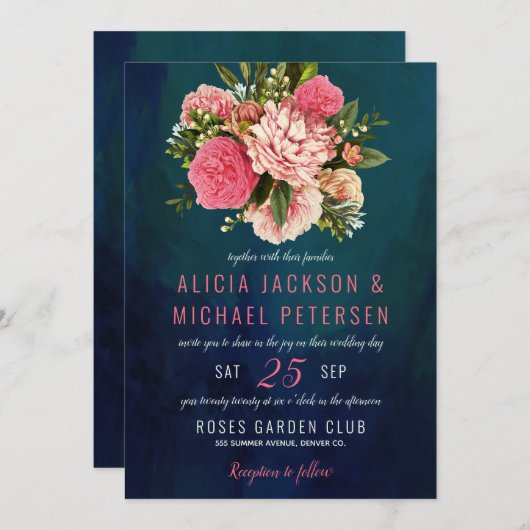 Invitation Bouquet de fleurs rose et rousse corail moody mari (Devant / Derrière)