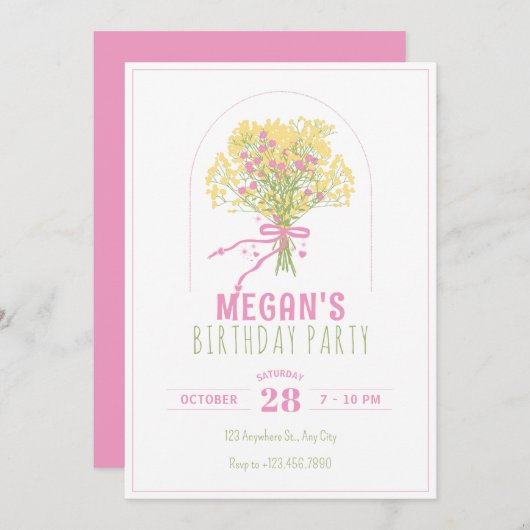 Invitation Bouquet de fleurs rose jaune (Devant / Derrière)