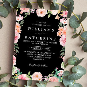 Invitation Bouquet de fleurs rose pêche et blush noir Mariage