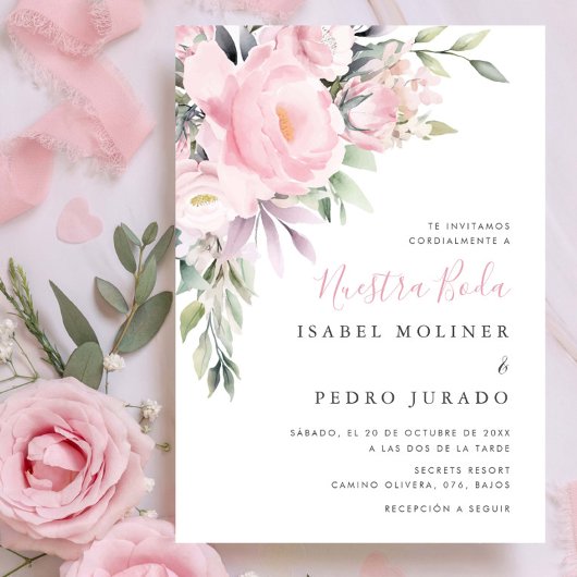 Invitation Bouquet de fleurs roses Nuestra Boda Mariage espag