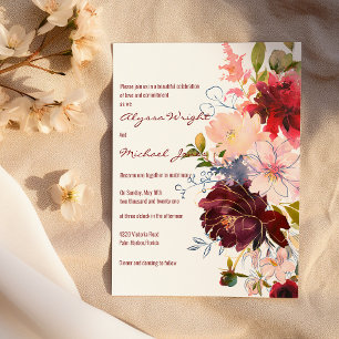 Invitation Bouquet de fleurs rouge bordeaux or Mariage