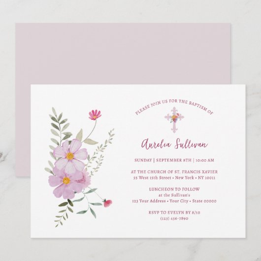 Invitation Bouquet de fleurs sauvages simples Baptême (Devant / Derrière)