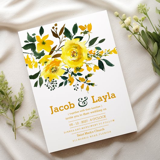 Invitation Bouquet de fleurs vert orange jaune Mariage d'été