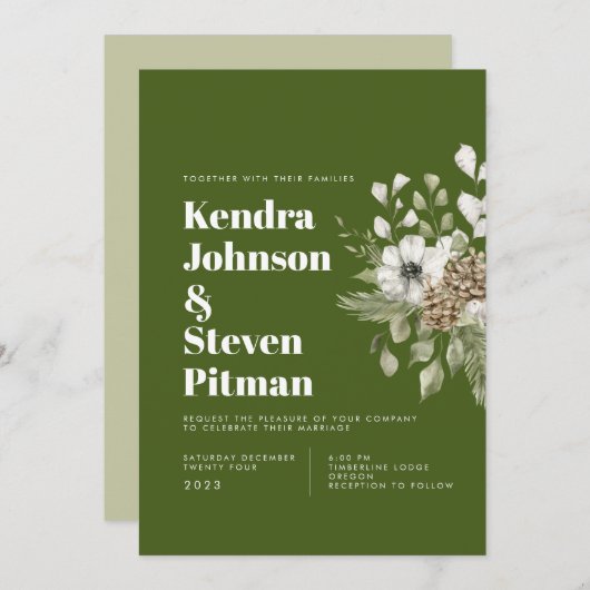 Invitation Bouquet de forêt d'hiver vert et blanc Mariage mod (Devant / Derrière)