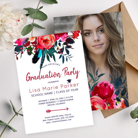 Invitation Bouquet de la marine rouge florale Fête de graduat