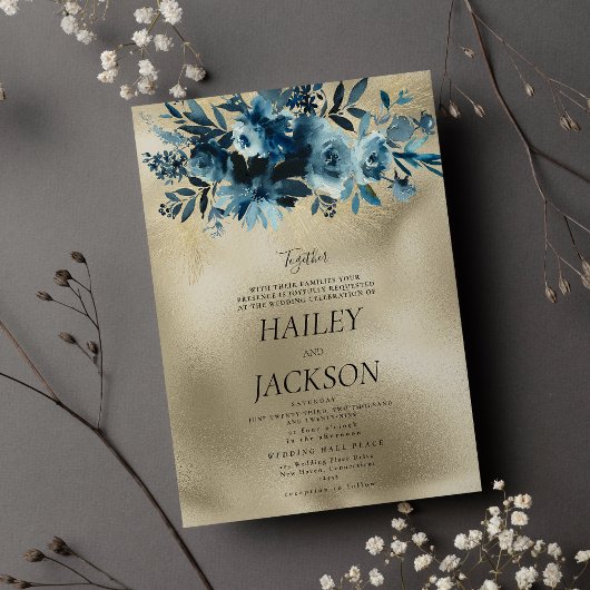 Invitation Bouquet de luxe indigo or botanique mariage floral