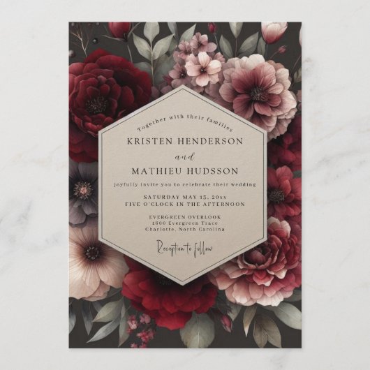 Invitation Bouquet de mariage décadent bordeaux (Devant)