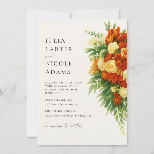 Invitation Bouquet de mariage Fleurs orange vert coucher de s (Devant)