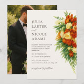 Invitation Bouquet de mariage Fleurs orange vert coucher de s (Devant / Derrière)