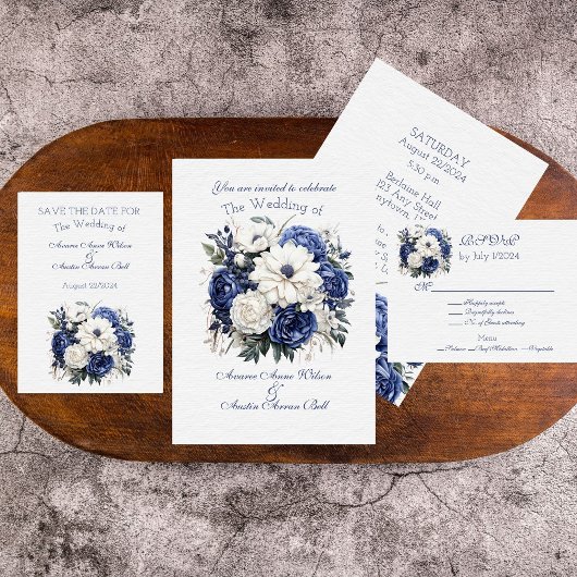 Invitation Bouquet de Mariage floral bleu et blanc