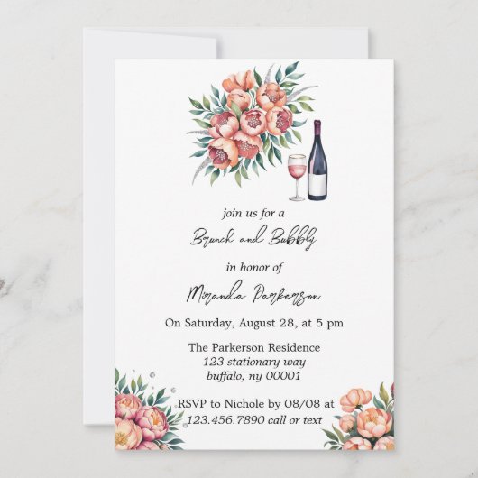 Invitation Bouquet de Pêche avec Brunch de Diamants et Bubbly (Devant)