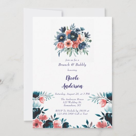 Invitation Bouquet de peinture bleu et corail Brunch et bulle (Devant)