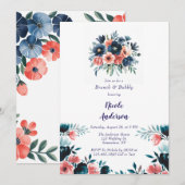 Invitation Bouquet de peinture bleu et corail Brunch et bulle (Devant / Derrière)