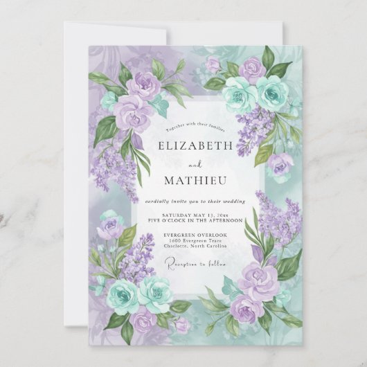 Invitation Bouquet de Pervenche Violette Mariage Eucalyptus (Devant)