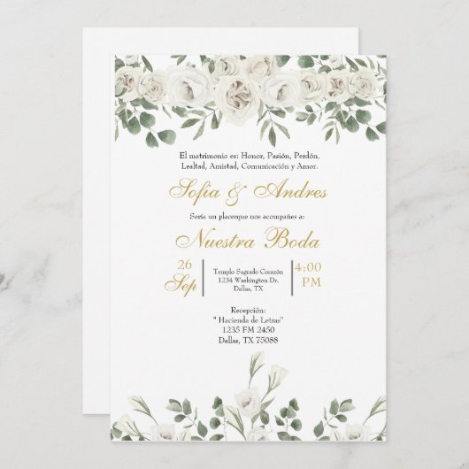 Invitation Bouquet de rose blanche (Devant / Derrière)