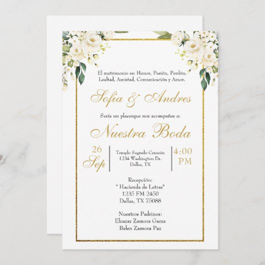 Invitation Bouquet de rose blanche (Devant / Derrière)