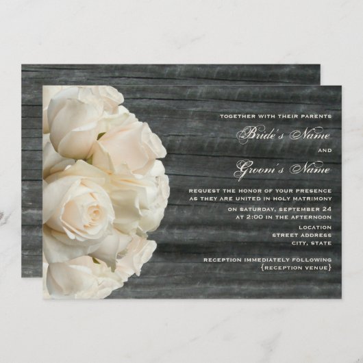 Invitation Bouquet de Rose blanche et Mariage de bois de Barn (Devant / Derrière)