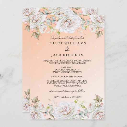 Invitation Bouquet de rose de corail blanc mariage (Devant / Derrière)