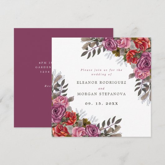 Invitation Bouquet de rose rouge violet (Devant / Derrière)