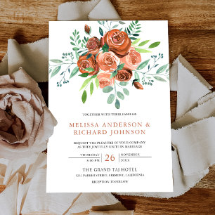 Invitation Bouquet de roses orange brûlé terreux pour mariage
