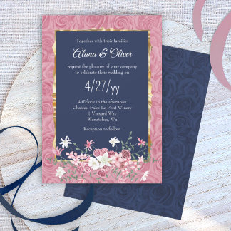 Invitation Bouquet de roses rose et bleu foncé, mariage arqué