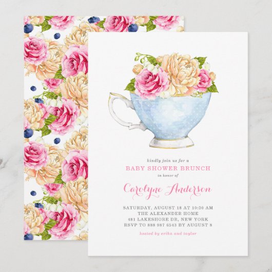 Invitation Bouquet de teacup d'aquarelle Baby shower de fleur (Devant / Derrière)
